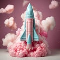 A vibrant pink and turquoise toy rocket, a whimsical plaything that sparks childhood imagination