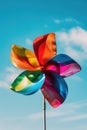 A vibrant pinwheel spinning on a pole against a bright blue sky Royalty Free Stock Photo