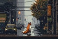 Vibrant pixel art illustration of a fox standing in the bustling street. AI-generated.