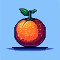 Pixel Art Orange with Green Leaves on Blue Background - Retro Digital Fruit Royalty Free Stock Photo