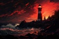 Vibrant pixel art lighthouse seascape guatemalan art influence in graphic novel style poster design