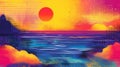 Vibrant Pixel Sunset Landscape with Ocean and Mountains Royalty Free Stock Photo