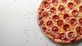Vibrant pizza on white background, top view with copy space, realistic appearance Royalty Free Stock Photo
