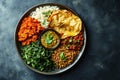 A vibrant platter of Indian cuisine featuring rice, lentils, vegetables, and bread Royalty Free Stock Photo