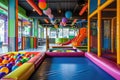 Vibrant Play Area With Slide for Kids to Enjoy Active Play and Fun, A brightly colored indoor playground with a trampoline and