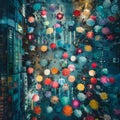 Vibrant play of colors under an urban rain shower.