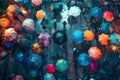 Vibrant play of colors under an urban rain shower. Royalty Free Stock Photo