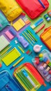 Colorful School Supplies and Backpacks Arranged on Blue, Green, And Purple Background Royalty Free Stock Photo