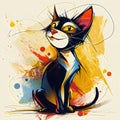 A vibrant and playful cat illustration art with bold abstract splashes