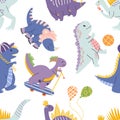 Vibrant And Playful Seamless Pattern Featuring Adorable Dinosaurs In Various Poses And Colors, Play with Balls