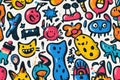 Vibrant and playful seamless pattern featuring an array of quirky, colorful cartoon characters in an urban graffiti art style,