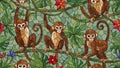 Stained Glass Monkeys in Tropical Jungle Seamless Pattern Royalty Free Stock Photo
