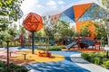 Modern outdoor playground with geometric climbing structures and vibrant architecture in a green setting. Royalty Free Stock Photo
