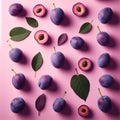 Vibrant Plums and Leaves on a Pink Backdrop