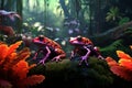 Vibrant poison dart frogs in tropical rainforest h