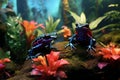 Vibrant poison dart frogs in tropical rainforest h