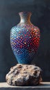 vibrant polka dot vase on stone, artistic display