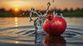 Juicy Pomegranate Splashing into Sunset Water Royalty Free Stock Photo