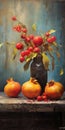 Vibrant Pomegranate Vase Painting In The Style Of Dmitry Vishnevsky