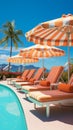 Vibrant poolside umbrellas provide shade for comfortable lounging chairs around the pool