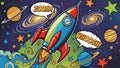 Rocket Ship Pop Art Space Adventure, Cartoon, Comic Book Style Royalty Free Stock Photo