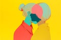 Vibrant pop art of intertwined profiles on a stunning yellow backdrop, visually exploring identity and perception