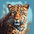 Leopard Painting On Blue Canvas: Simplistic Vector Art With Strong Facial Expression