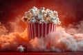 Popcorn Explosion in Striped Container on Cloudy Background for Movie Night Generative AI Royalty Free Stock Photo