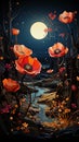 Vibrant poppies against the background of a night sky with a glowing moon. AI-generated.