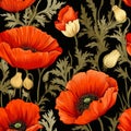 Vibrant poppy flower blooms seamless pattern in top view, captivating visual experience