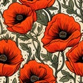 Vibrant poppy flower blooms seamless pattern in top view, perfect for textiles and backgrounds