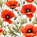 Vibrant poppy flower blooms seamless pattern in top view for textile design and wallpaper