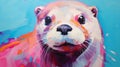 Vibrant Portraiture: Colorful Otter Painting On A Blue Background