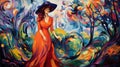 Vibrant Post-impressionist Painting: Lady In Red Dress Walking Through A Colorful Forest Royalty Free Stock Photo