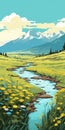 Vibrant Prairiecore Illustration: Stream, Flowers, And Mountains In Yellow And Cyan