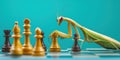 A Praying Mantis Strategically Maneuvering Pieces on a Chessboard, Showcasing the Intersection of Nature and Mind Games in a Royalty Free Stock Photo