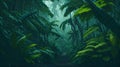 A vibrant prehistoric jungle with lush green foliage