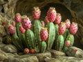 Vibrant Prickly Pear Cacti with Pink Blooms in Rocky Desert Cave Exotic Flora Illustration Royalty Free Stock Photo