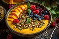Vibrant Pumpkin Smoothie Bowl Topped With Granola And Fruit. Generative AI