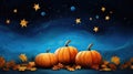Vibrant pumpkins surrounded by colorful fall leaves set against a starry blue sky, capturing autumn\'s beauty, Ai Generated Royalty Free Stock Photo