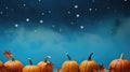 Vibrant pumpkins surrounded by colorful fall leaves set against a starry blue sky, capturing autumn\'s beauty, Ai Generated Royalty Free Stock Photo