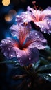 Vibrant purple hibiscus blossom, wet with raindrop, showcases nature beauty generated by AI