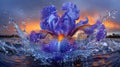 Vibrant Blue Iris Flower Emerging from Water at Sunset Royalty Free Stock Photo