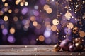 Vibrant purple and violet glitter bokeh background with shining texture and golden accents