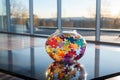 Vibrant Puzzle Pieces: A Captivating Aerial View of Colorful Jigsaw Formation on Modern Glass Table