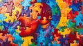 Vibrant puzzle pieces fitting together, representation of mental health advocacy. Generative AI