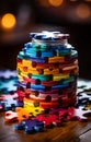 A Vibrant Puzzle Stack on a Rustic Wooden Table