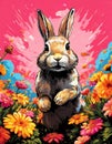 Vibrant rabbit in blooming floral garden