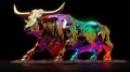 Vibrant radiance emanates from the formidable Bitcoin bull\'s stature