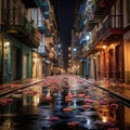 A vibrant, rain-covered city street with floral elements